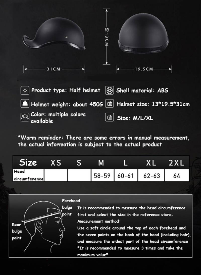 AKPHBKFG Helme: Motorrad-Halbschalenhelm, Halbschalenhelm im Retro-Stil, Sommerhelm mit offener Kappe, offener Motorrad-Sturzhelm, ECE-Zertifizierung E,L=60-61CM von AKPHBKFG