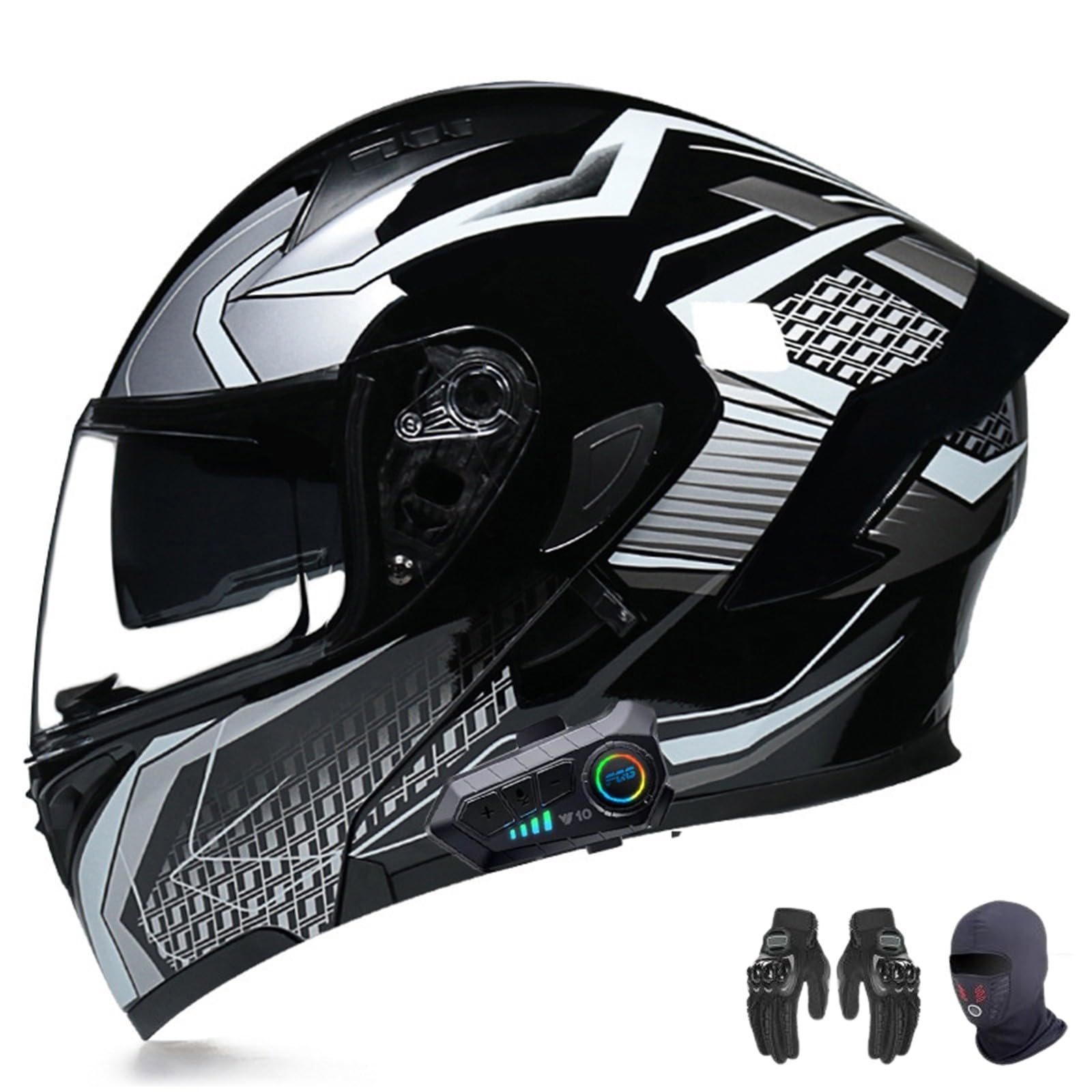 AKPHBKFG Motorradhelm mit Bluetooth, Klapphelm mit integriertem Integralhelm, ECE-geprüft, leichtes Belüftungsdesign, hochauflösendes Doppelvisier, für Erwachsene Männer und Frauen A,L=56-57CM von AKPHBKFG