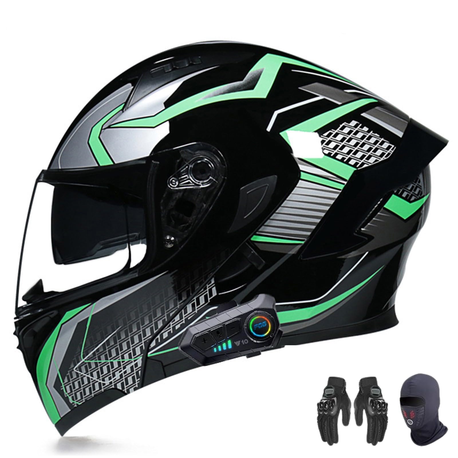 AKPHBKFG Motorradhelm mit Bluetooth, Klapphelm mit integriertem Integralhelm, ECE-geprüft, leichtes Belüftungsdesign, hochauflösendes Doppelvisier, für Erwachsene Männer und Frauen B,M=54-55CM von AKPHBKFG