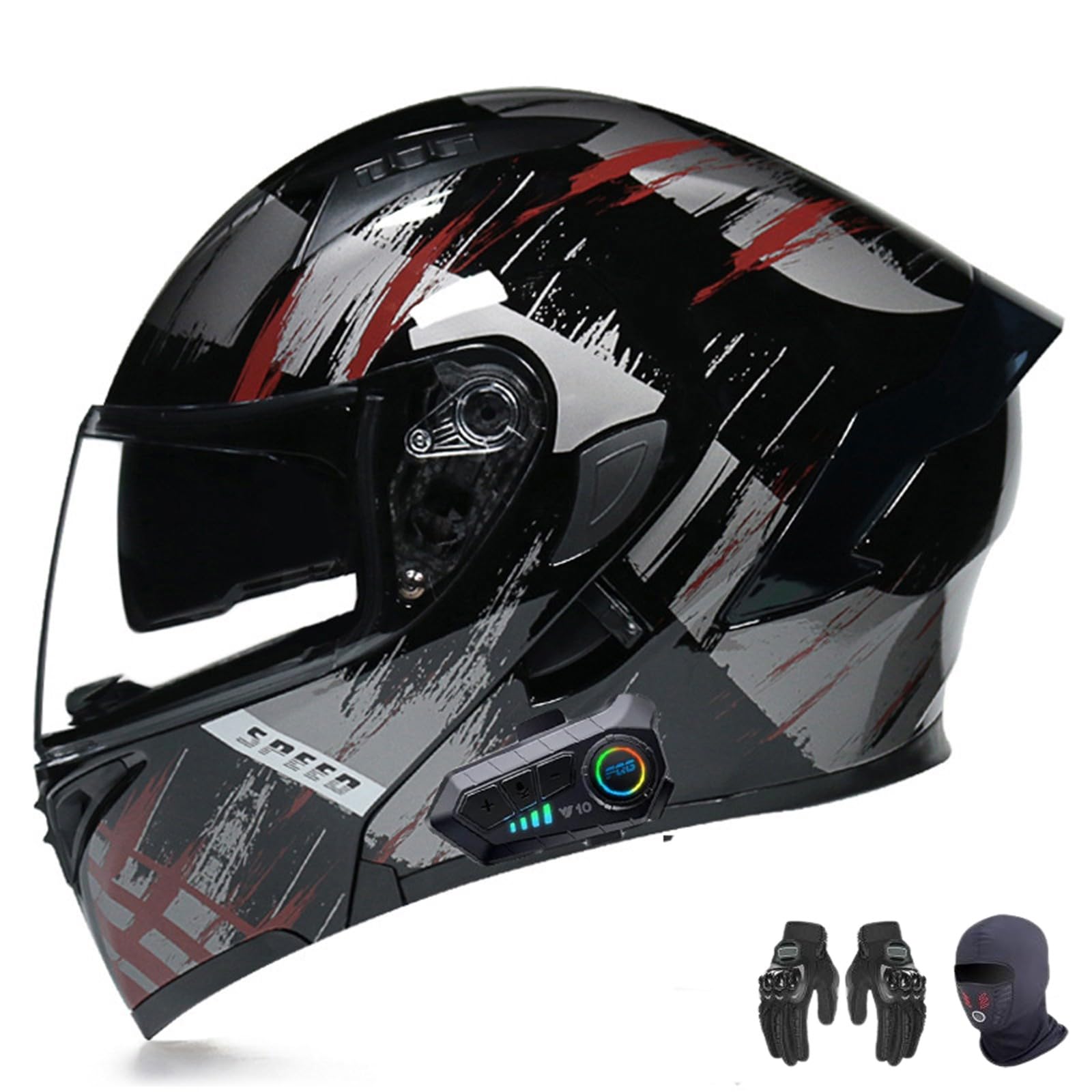 AKPHBKFG Motorradhelm mit Bluetooth, Klapphelm mit integriertem Integralhelm, ECE-geprüft, leichtes Belüftungsdesign, hochauflösendes Doppelvisier, für Erwachsene Männer und Frauen C,L=56-57CM von AKPHBKFG