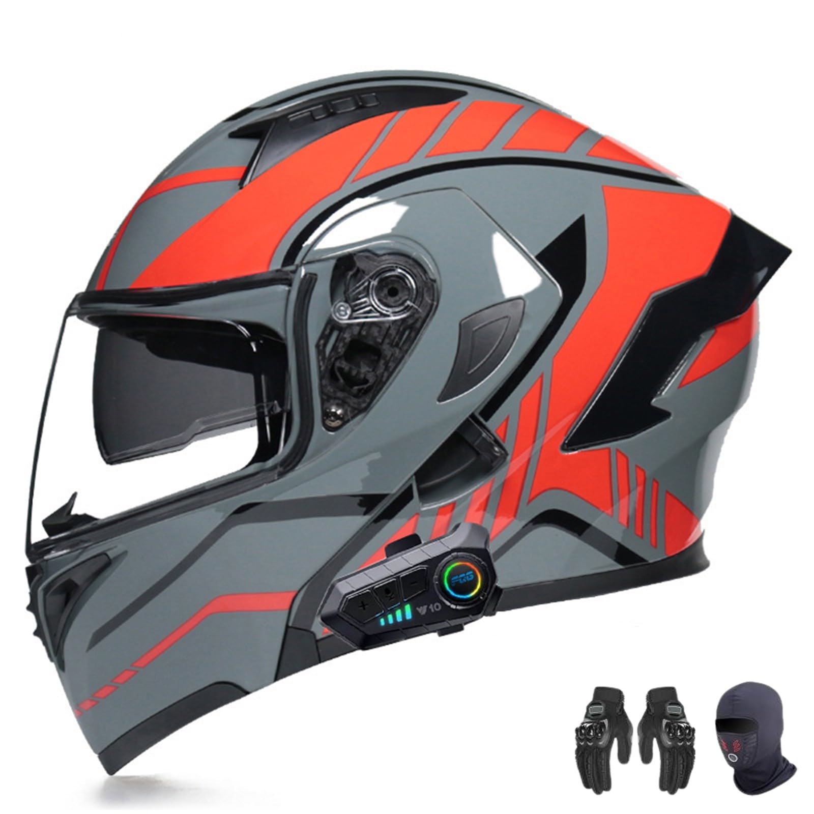 AKPHBKFG Motorradhelm mit Bluetooth, Klapphelm mit integriertem Integralhelm, ECE-geprüft, leichtes Belüftungsdesign, hochauflösendes Doppelvisier, für Erwachsene Männer und Frauen D,L=56-57CM von AKPHBKFG