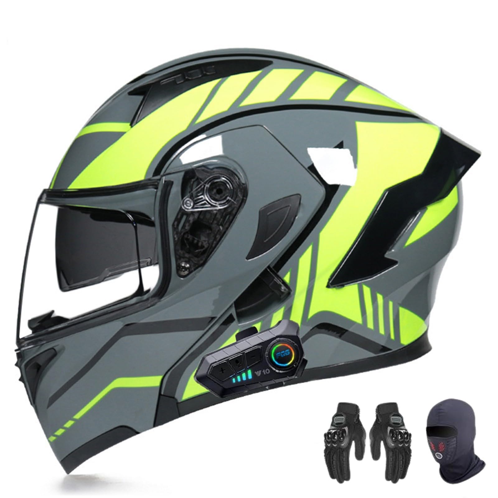 AKPHBKFG Motorradhelm mit Bluetooth, Klapphelm mit integriertem Integralhelm, ECE-geprüft, leichtes Belüftungsdesign, hochauflösendes Doppelvisier, für Erwachsene Männer und Frauen E,L=56-57CM von AKPHBKFG