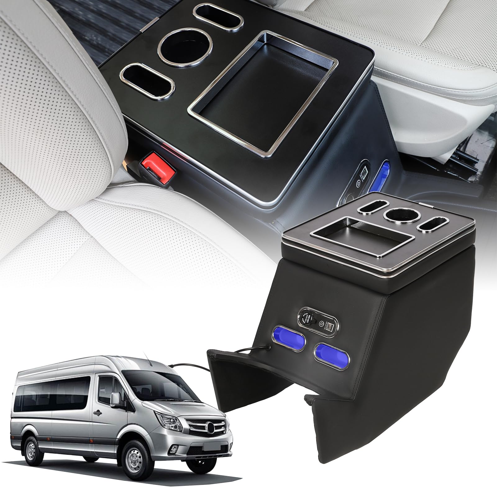 Auto Armlehne Box Center Console Organizer für V-Klasse V220 V260 V250 W447 einfache Installation, mit7 Farben LED-Leuchten-Typ-C USB-Anschluss Schwarz Leder Armlehne Zubehör (black) von AKYKE