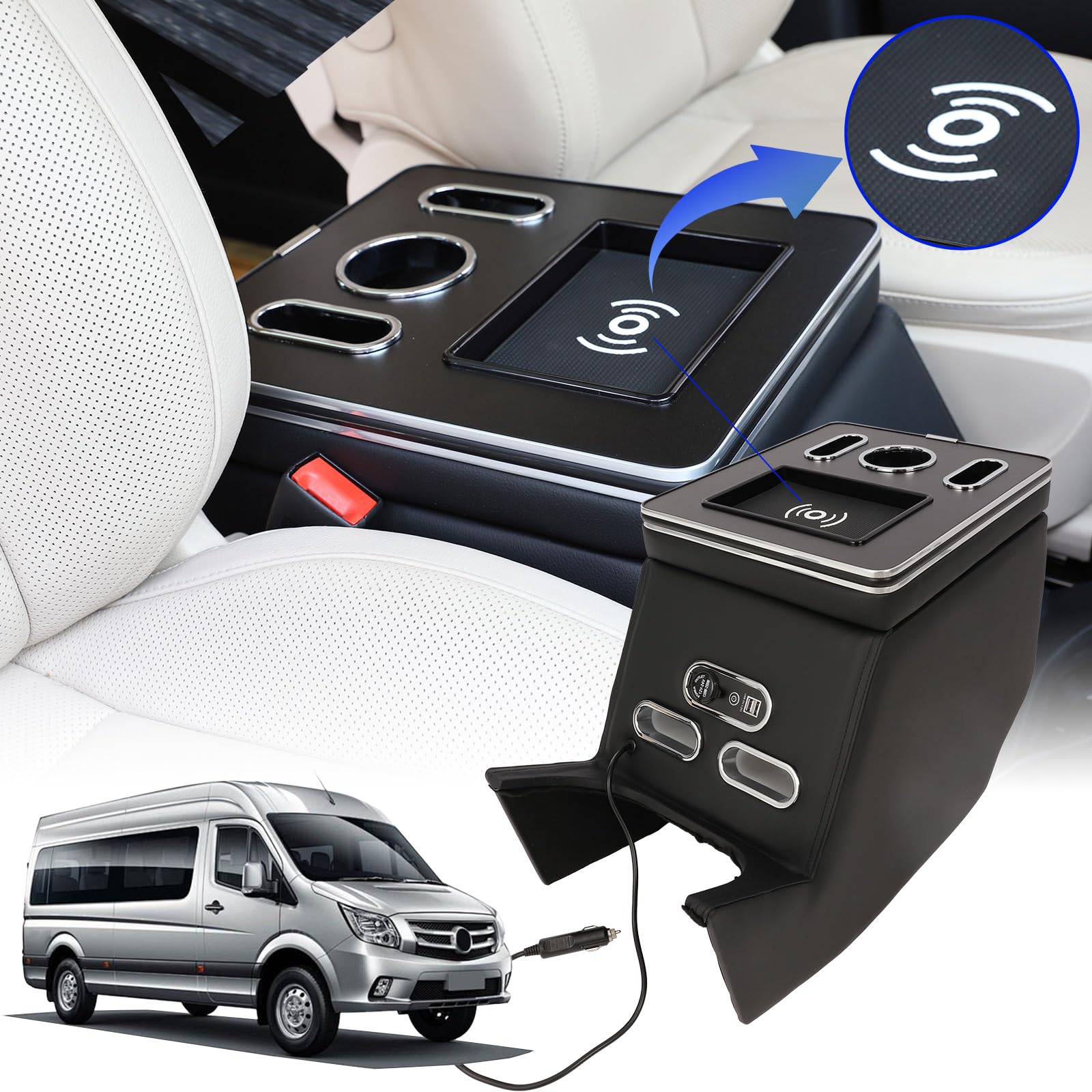 Mittelkonsole mit kabelloser induktiver Ladung Kompatibel mit Mercedes-Benz V-Klasse V220 V260 V250 W447, mit Becherhalter USB-Anschlüsse LED-Leuchten Doppellagiges Zubehör (Black,04) von AKYKE