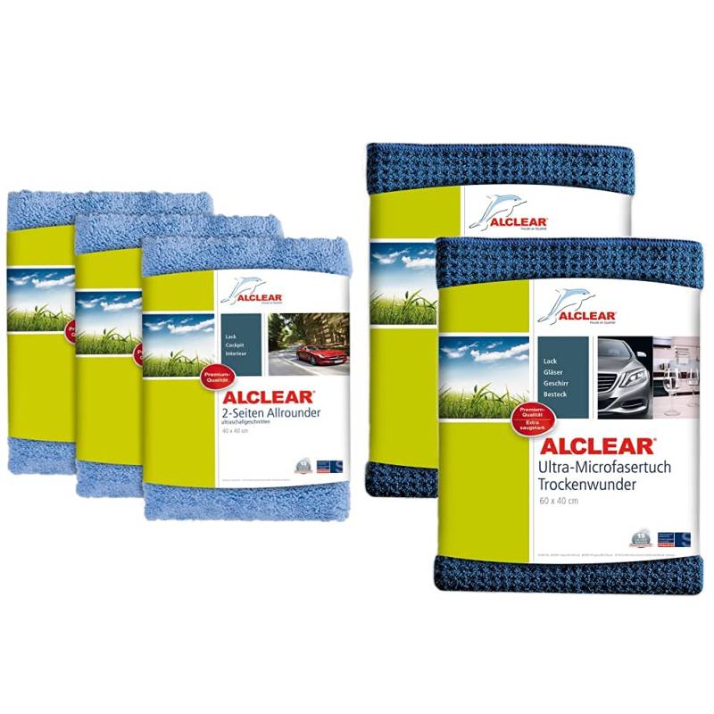 ALCLEAR 3er Set Auto Microfasertücher Poliertücher 2-Seiten-Allrounder Premium ohne Hologramme, 40x40 cm blau & Auto Microfasertuch Trockenwunder für Autopflege, 2er Set, Autolack, 60x40 cm blau von ALCLEAR