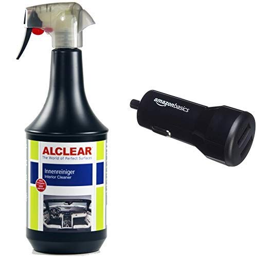 ALCLEAR 721IR Premium Auto Innenreiniger Cockpitspray für Polster, Innenraum, Armaturenbrett 1.000 ml AmazonBasics - Kfz-Ladegerät für Apple- & Android-Geräte, USB-Anschluss: 2 Eingänge, 4,8 Ampere / 24 W, Schwarz von ALCLEAR