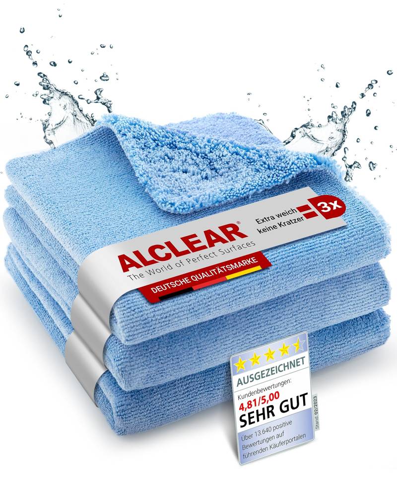 ALCLEAR Poliertuch Auto Trockentuch - 3er Set - Premium Mikrofasertücher Auto für professionelle Lackpflege - 40x40cm Mikrofasertuch zum kratzfreien Trocknen & Auto polieren - Mikrofaser Trockentuch von ALCLEAR