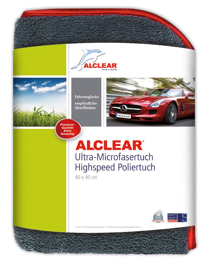 ALCLEAR 822203H Highspeed Auto Mikrofasertuch Poliertuch Microfasertuch Trockentuch, 40x40 cm, 1.200 GSM, extra dick, flauschig weich, grau, f. Autopflege, Aufbereitung & Autopolitur von ALCLEAR