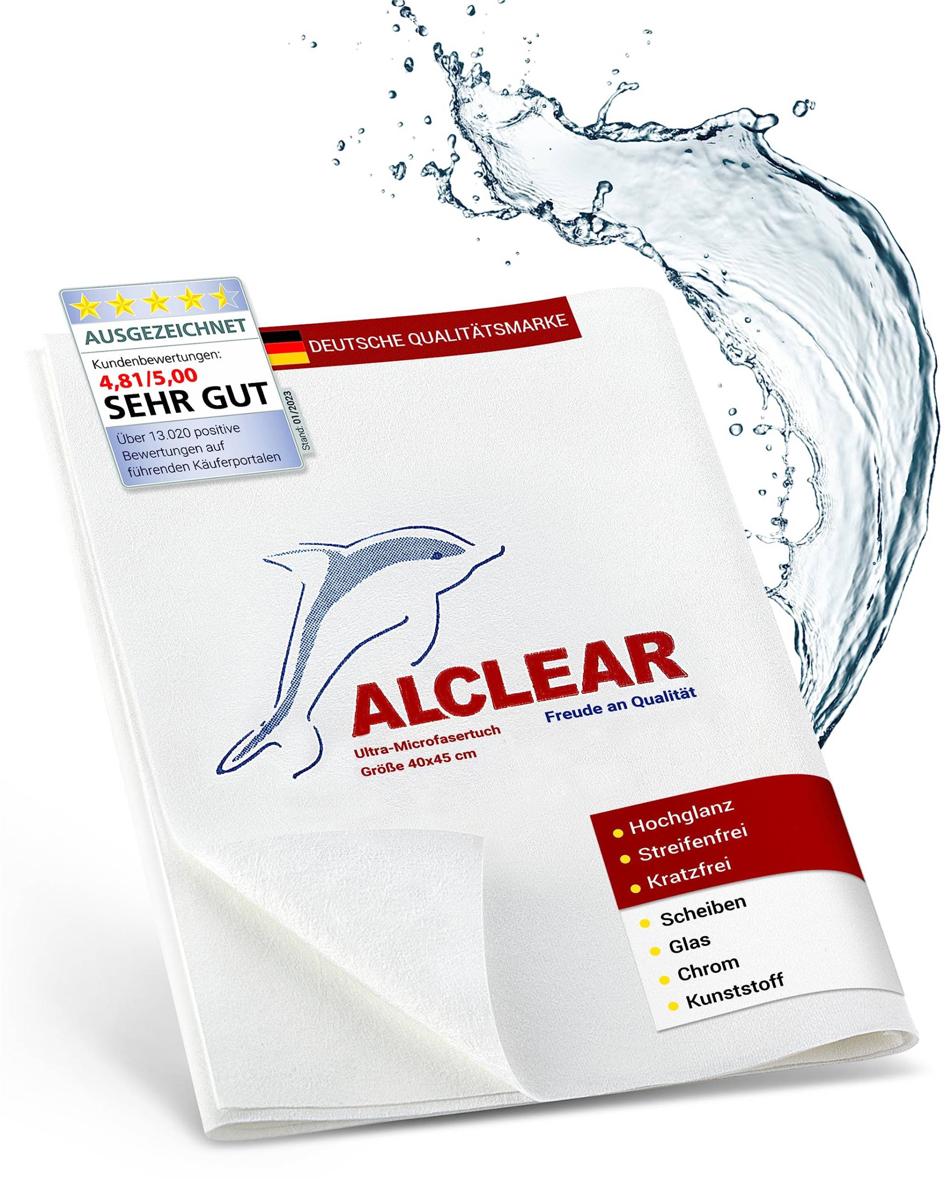 ALCLEAR 950001 Microfaser Fenstertuch streifenfrei 40x45 cm - ideal als Scheibentuch ohne Nachtrocknen, Glasputztücher zum Putzen von Auto, Haushalt, Fenster & Chrom, Farbe weiss von ALCLEAR