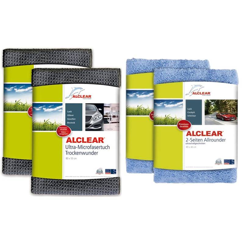 ALCLEAR Auto Microfasertuch Trockenwunder für Autopflege, 2er Set, 80x55 cm grau Poliertücher 2-Seiten-Allrounder Premium ohne Hologramme, f. Auto Yachting & Poliermaschine, 40x40 cm blau von ALCLEAR