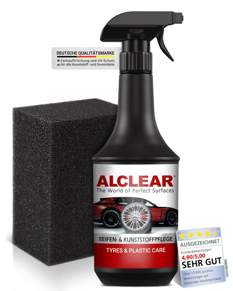 ALCLEAR Reifenglanz Reifenglanzspray 1000ml, Reifenpflege Auto, Reifen Glanz, Tire Shine, für matten Seidenglanz, mit Auftragsschwamm für Profi Autopflege & Reifen Schwarz - Gummi Pflegemittel Auto von ALCLEAR