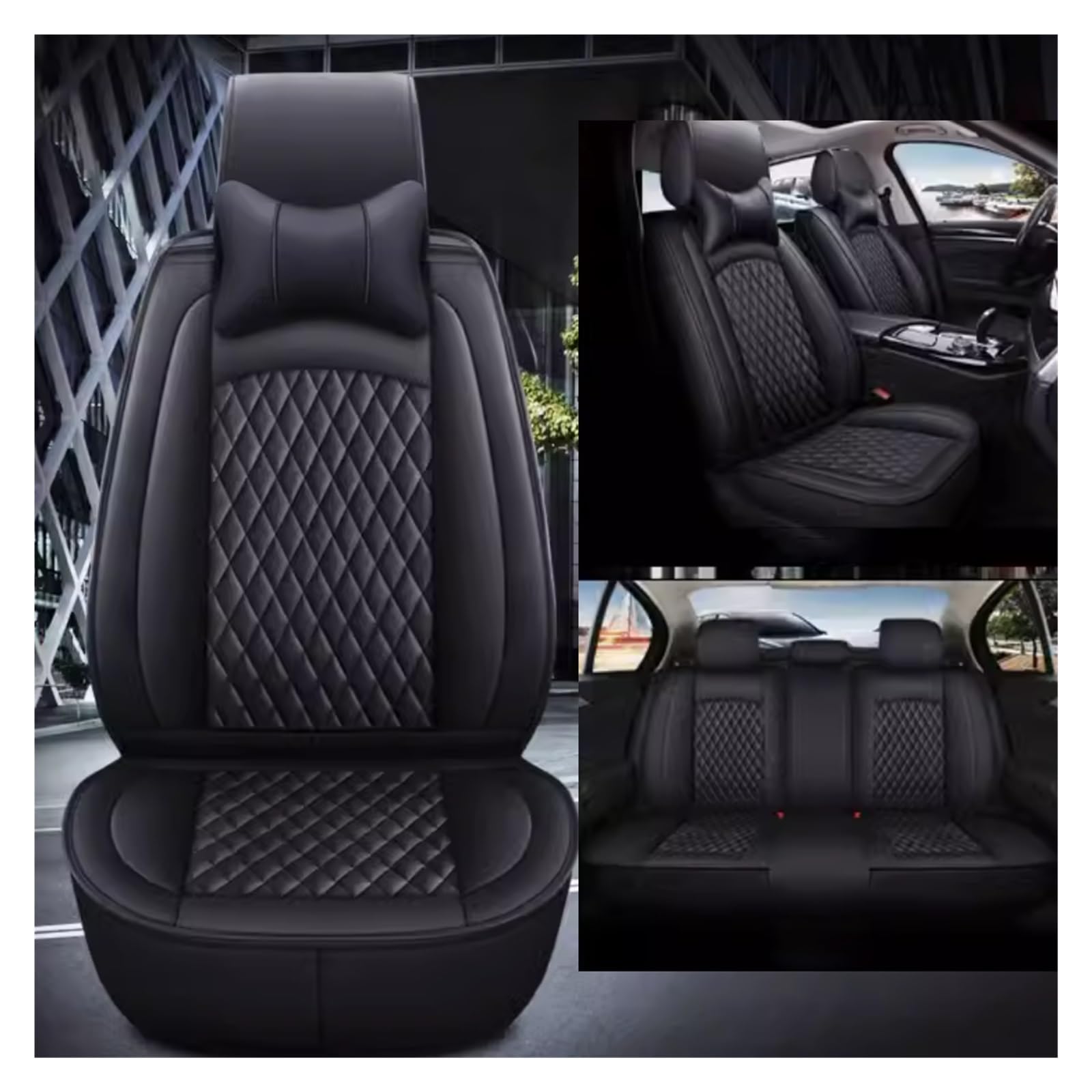 ALKANI Full Set Auto Sitzbezüge für Hyundai Kona II 2024, Auto Sitzbezüge Sets, Sitzbezug Schonbezüge Sets,Autositzbezüge Leder, Autositzbezüge Universal passend(Black+Headrest) von ALKANI