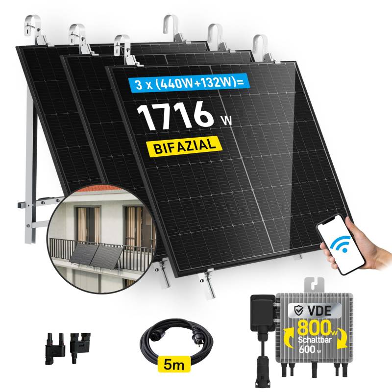 ALLDREI® 1320W Balkonkraftwerk mit Halterung Balkon, 3x440W Bifazialer Solarpanel, Balkonkraftwerk 800W komplett Steckdose, Wechselrichter 800W mit Wifi, Photovoltaik komplettanlage, 5m Kabel von ALLDREI