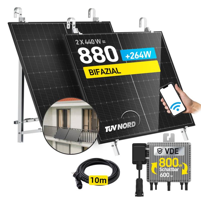 ALLDREI® 880W Balkonkraftwerk mit Halterung Balkon, 2x440W Bifazialer Glas Solarpanel, Balkonkraftwerk 800W komplett Steckdose, Wechselrichter 800W mit Wifi, 10m Kabel von ALLDREI