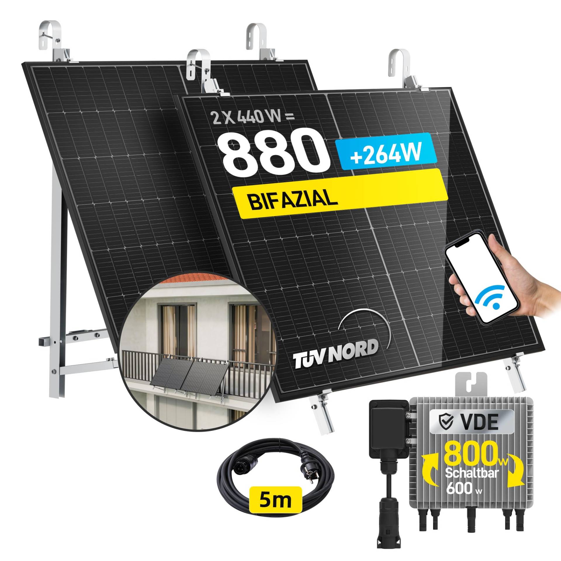 ALLDREI® 880W Balkonkraftwerk mit Halterung Balkon, 2x440W Bifazialer Glas Solarpanel, Balkonkraftwerk 800W komplett Steckdose, Wechselrichter 800W mit Wifi, 5m Kabel von ALLDREI