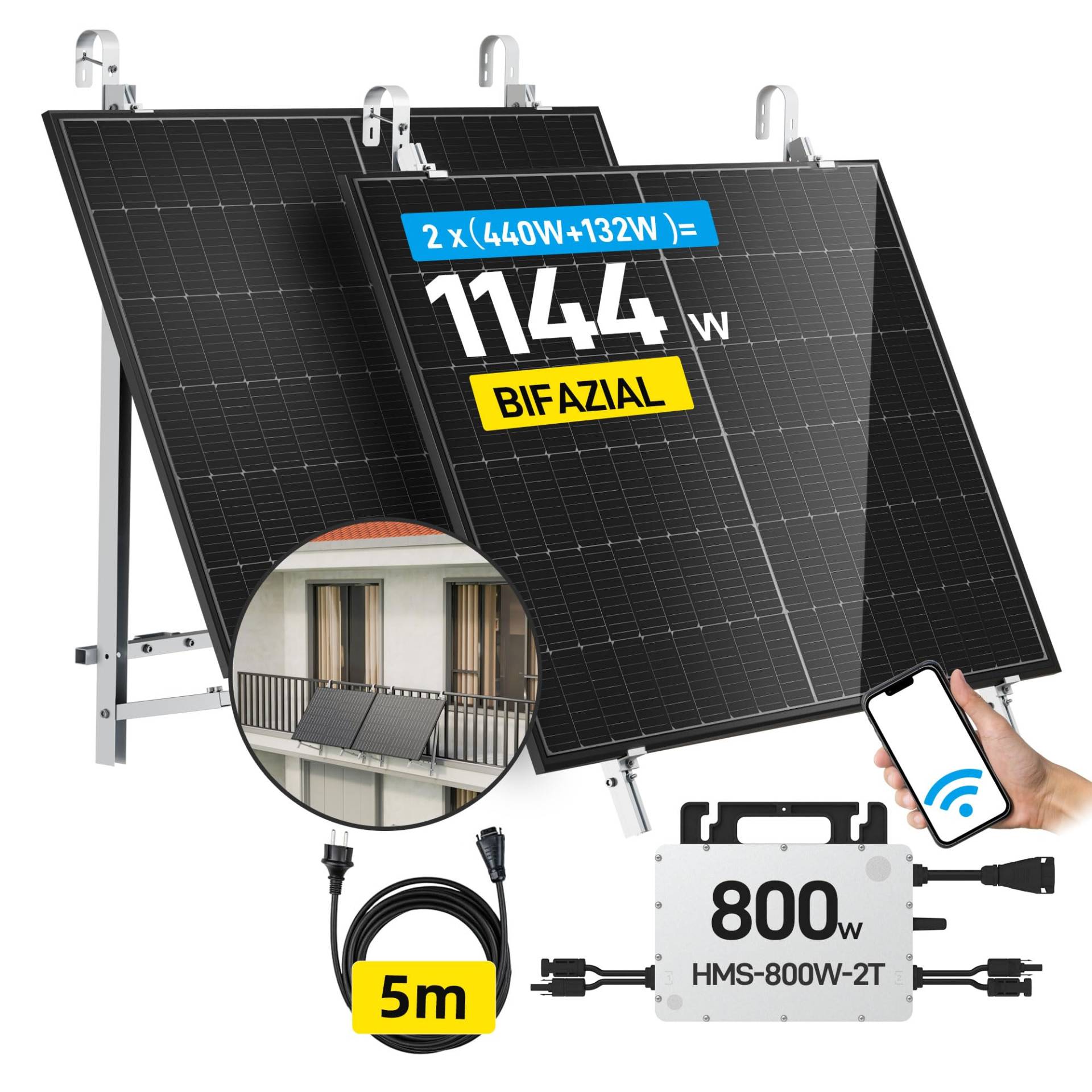 ALLDREI® 880W Balkonkraftwerk mit Halterung Balkon, Photovoltaik komplettanlage mit 2x440W Bifazialer Solarpanel, Wechselrichter 800W mit Wifi, 0% MwSt. von ALLDREI