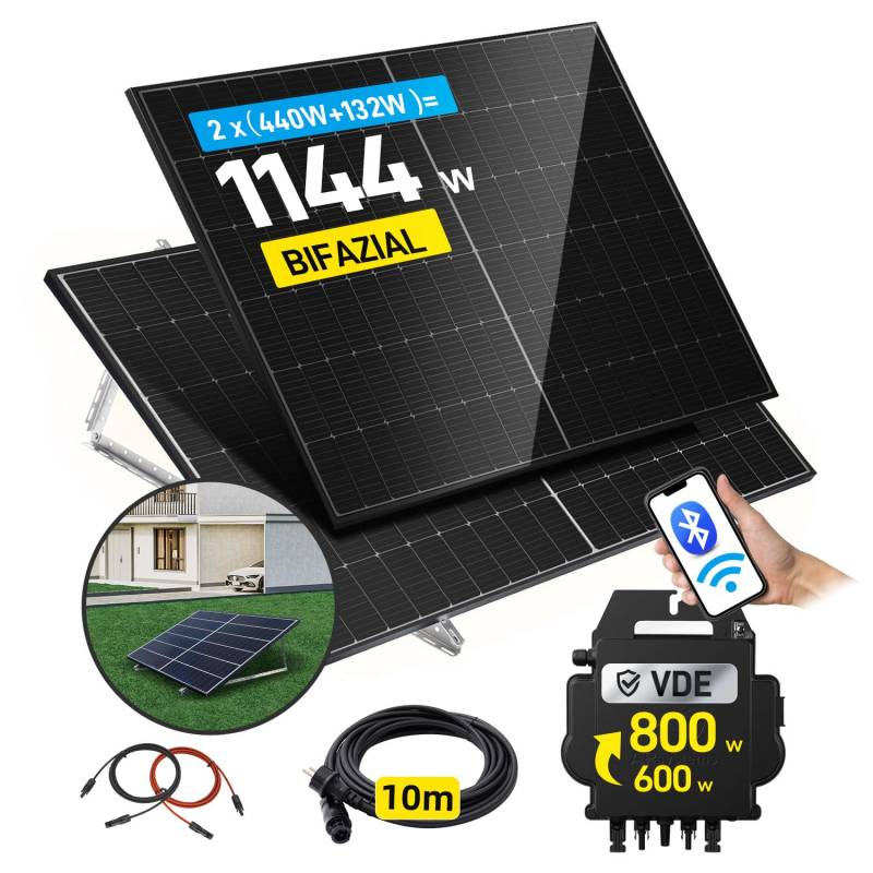 ALLDREI® 880W Balkonkraftwerk mit Halterung Flachdach/Garten, 2x440W Bifazialer Glas Solarpanel, Balkonkraftwerk 800W komplett Steckdose, Wechselrichter 800W mit Wifi&BT, 10M Kabel von ALLDREI