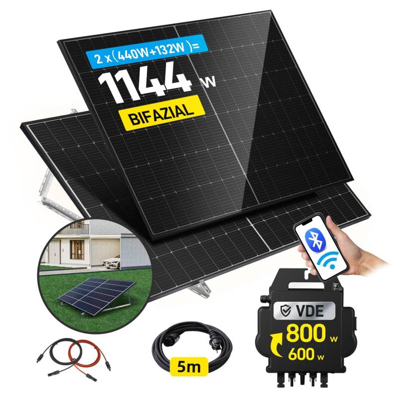 ALLDREI® 880W Balkonkraftwerk mit Halterung Flachdach/Garten, 2x440W Bifazialer Glas Solarpanel, Balkonkraftwerk 800W komplett Steckdose, Wechselrichter 800W mit Wifi&BT, 5M Kabel von ALLDREI