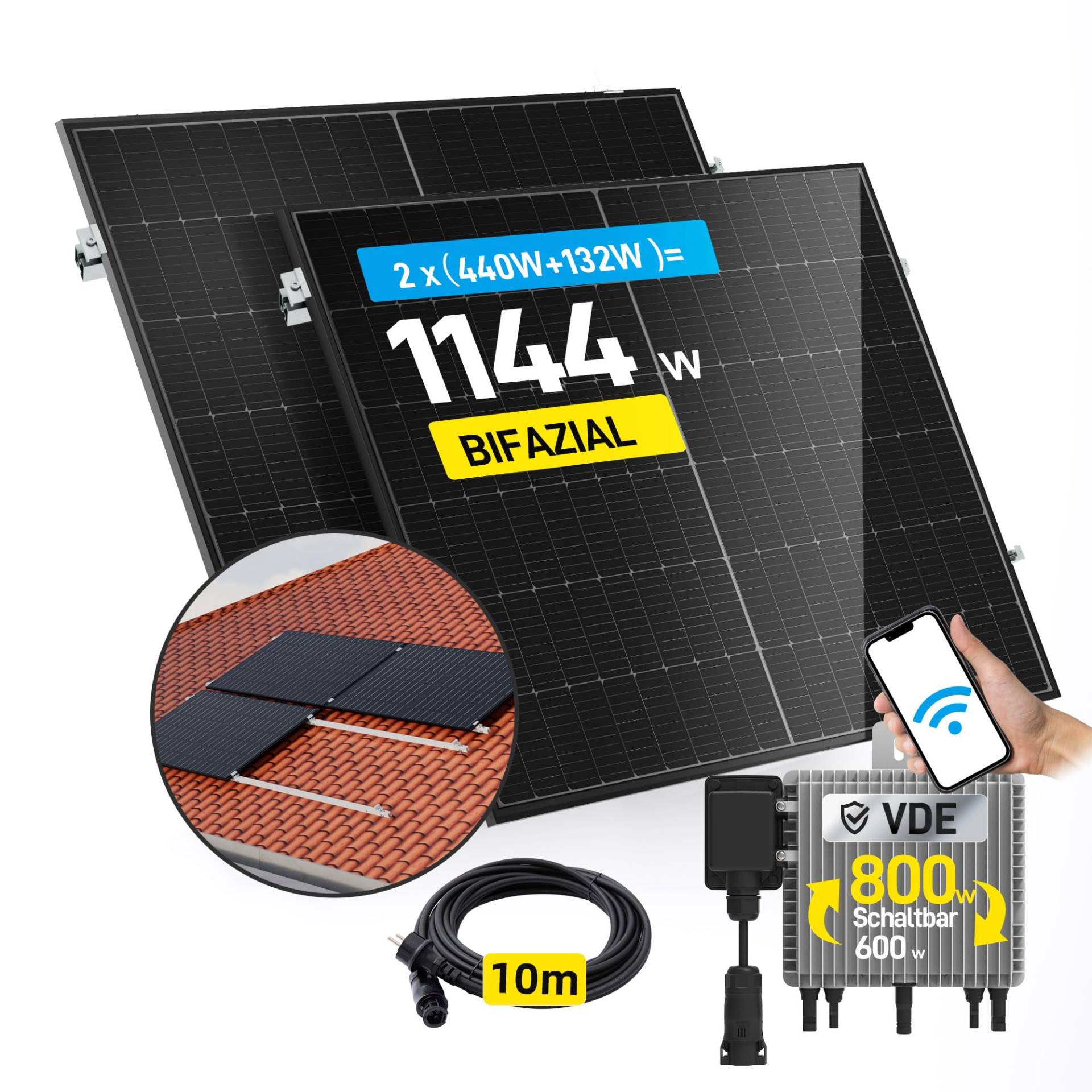 ALLDREI® 880W Balkonkraftwerk mit Halterung Ziegeldach, 2x440W Bifazialer Glas Solarpanel, balkonkraftwerk 800W komplett steckdose, Wechselrichter 800W mit Wifi, Photovoltaik komplettanlage, 10m Kabel von ALLDREI