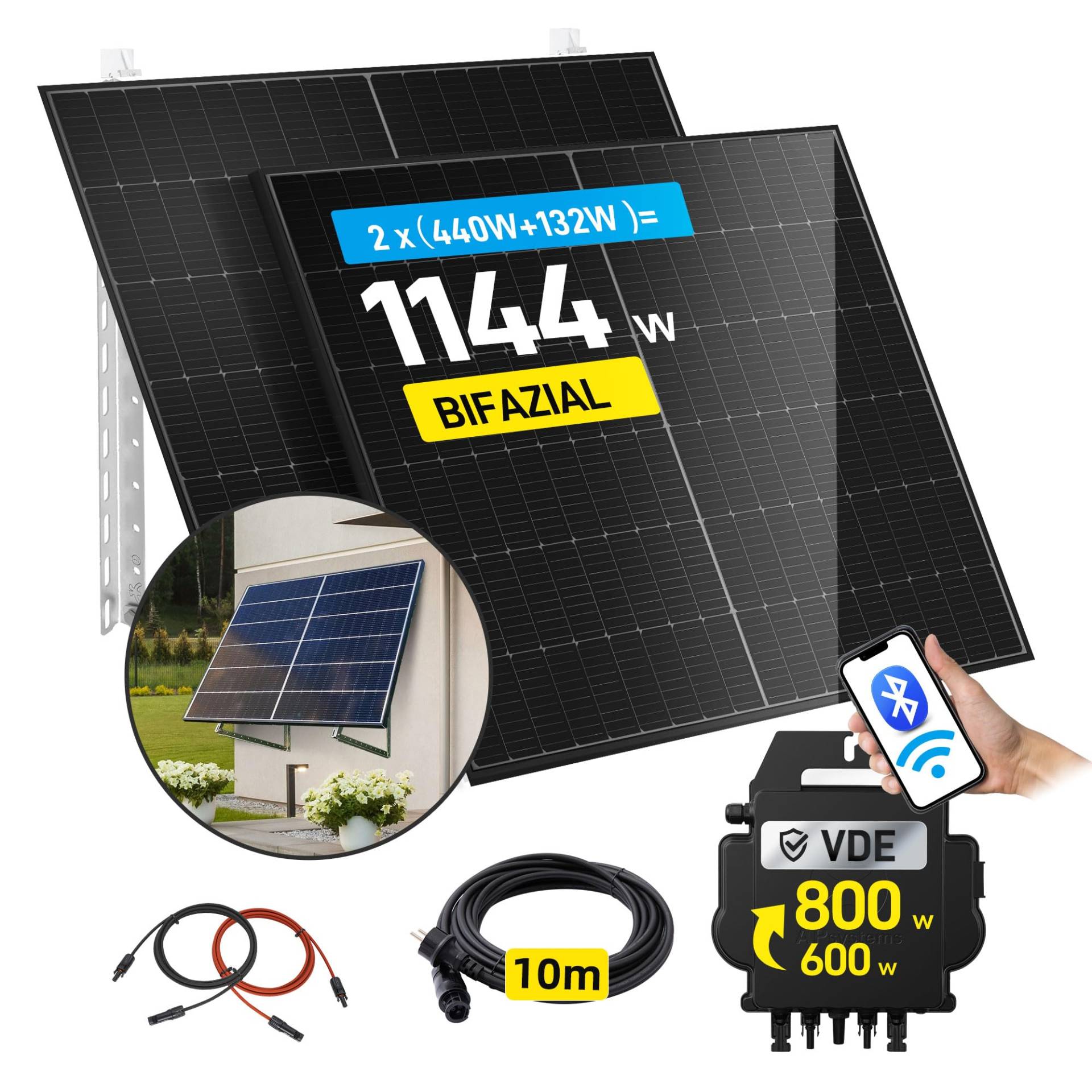 ALLDREI® 880W Balkonkraftwerk mit Wandhalterung, 2x440W Bifazialer Glas Solarpanel, balkonkraftwerk 800W komplett steckdose, Wechselrichter 800W mit Wifi&BT, Photovoltaik komplettanlage, 10M Kabel von ALLDREI