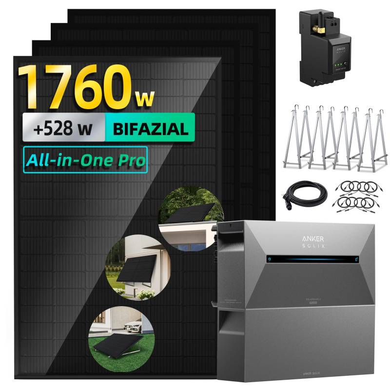 ALLDREI® Balkonkraftwerk mit Speicher 3,2kWh, Solix 2 Pro Solarbank E1600Pro All in One Stromspeicher mit Akku BP1600x1, Komplettset mit 4x440W Bifazialer Solarpanel & Smarten Zähler & Halterungx4 von ALLDREI