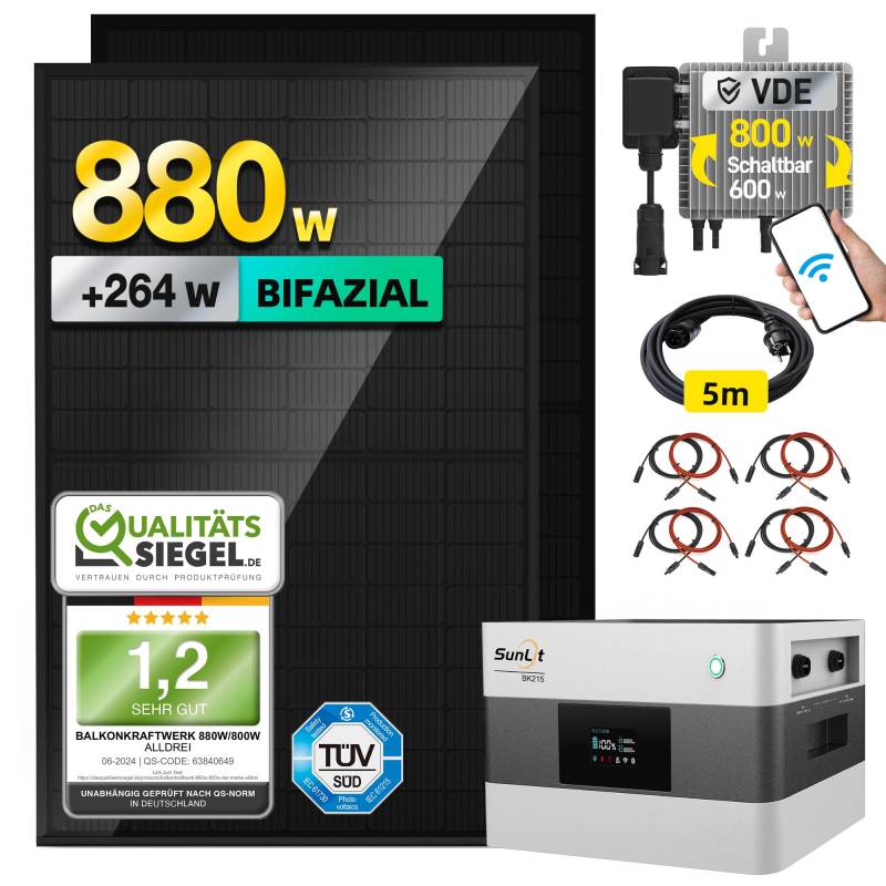 ALLDREI®880W Balkonkraftwerk mit Speicher - Balkonkraftwerk 800W komplett Steckdose & 800W Wechselrichter - Solaranlage Komplettset - 2x440W solarpanel & 2,15kWh Speicher für Balkonkraftwerk von ALLDREI