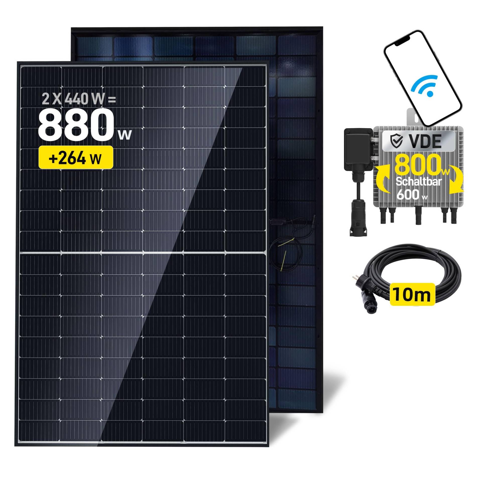 ALLDREI®Balkonkraftwerk 880W/800W mit 2x440W Bifazialer Solarpanel, balkonkraftwerk 800W komplett steckdose, Wechselrichter 800W mit Wifi Fernüberwachung, 10m Kabel, 0% MwSt. von ALLDREI