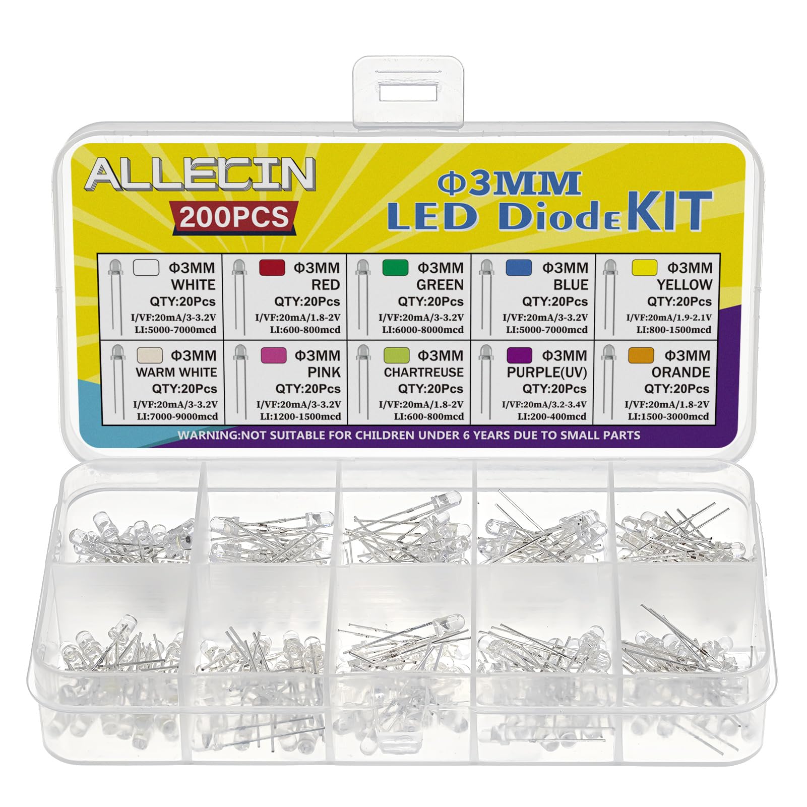 ALLECIN 10 Farben 3MM Leuchtdioden LED Diode Leuchtdiode Set Rot Blau Grün Gelb Weiß Warmweiß Orange Rosa Lila Chartreuse Led Dioden 2 Pin Transparenter Rundkopf Led-dioden Kit (20 Stück pro Farbe) von ALLECIN