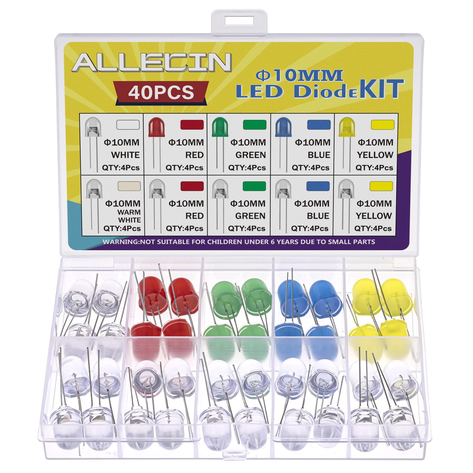 ALLECIN 10MM Leuchtdioden Set LED Diode Leuchtdiode 10 Farben Rot Blau Grün Gelb Weiß Warmweiß Led Licht Diffus Dioden 2 Pin Rundkopf Led-dioden Sortiment Kit (Packung mit 40 Stück 4 Stück pro Farbe) von ALLECIN