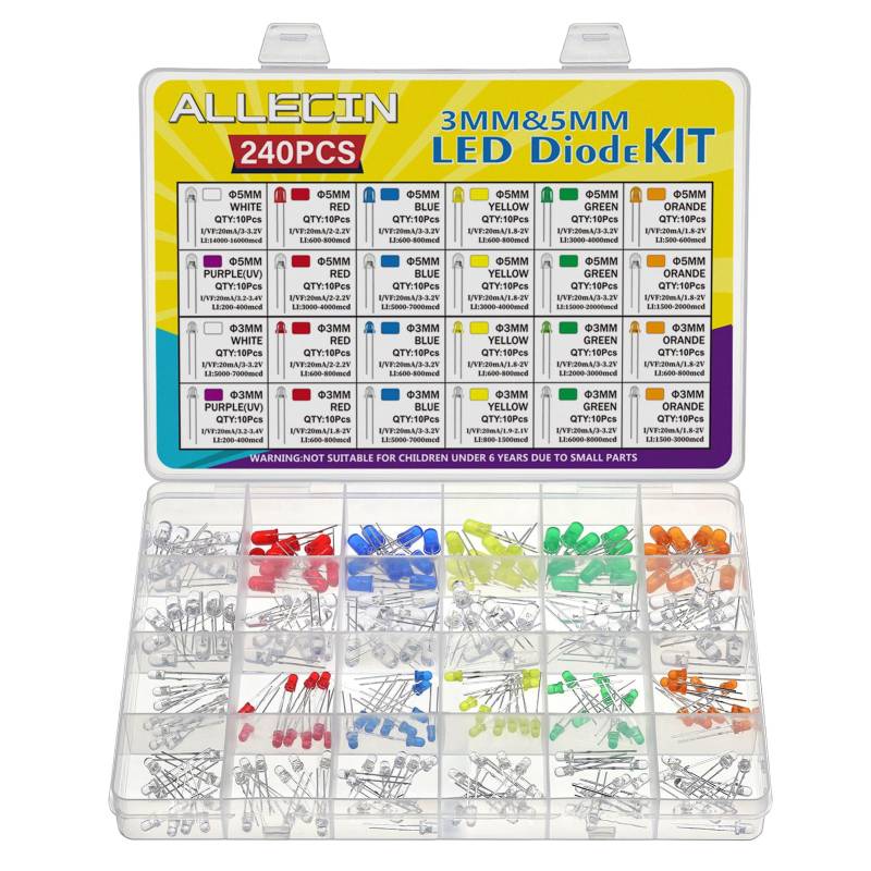 ALLECIN 24 Werte 3MM 5MM LED Diode Kit Leuchtdioden Led Dioden Set Rot Blau Grün Gelb Weiß Orange Lila Leuchtdiode 2 Pin Transparenter Runde Led-dioden Sortiertment (Packung mit 240 Stück) von ALLECIN