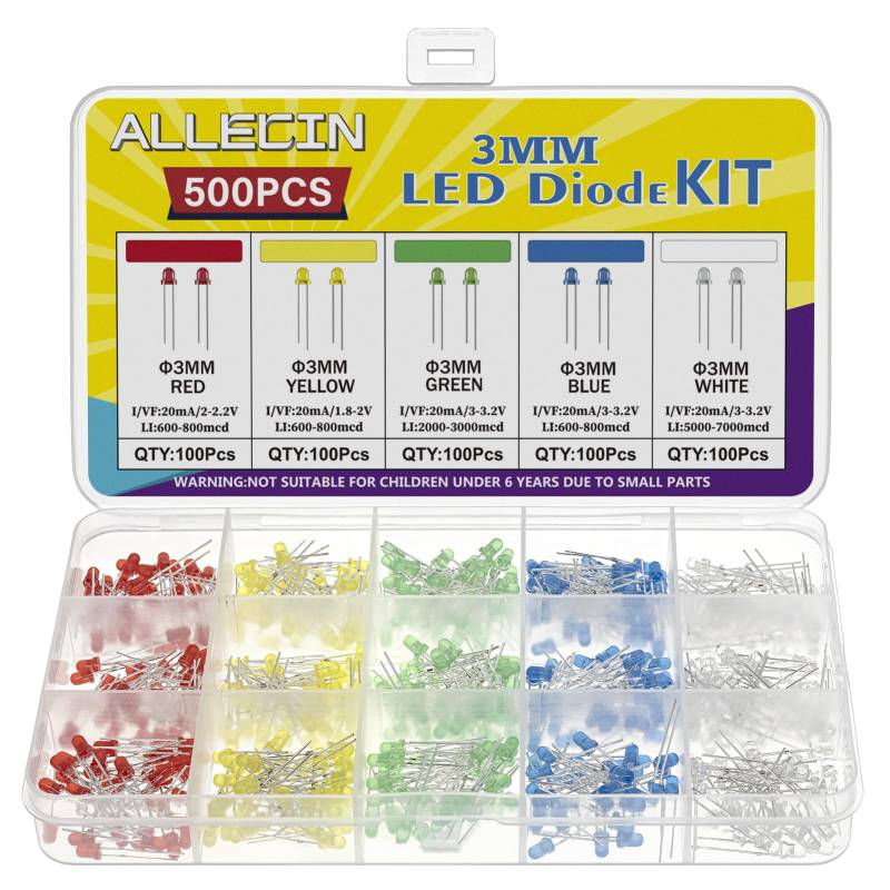 ALLECIN 3MM LED Diode Set Leuchtdioden Sortiment 5 Farben Rot Weiß Blau Grün Gelb Leuchtdiode Runde 2 Pin Led-dioden für DIY-Projekte (Verpackt mit 500 Stück 100 Stück von jeder Farbe) von ALLECIN