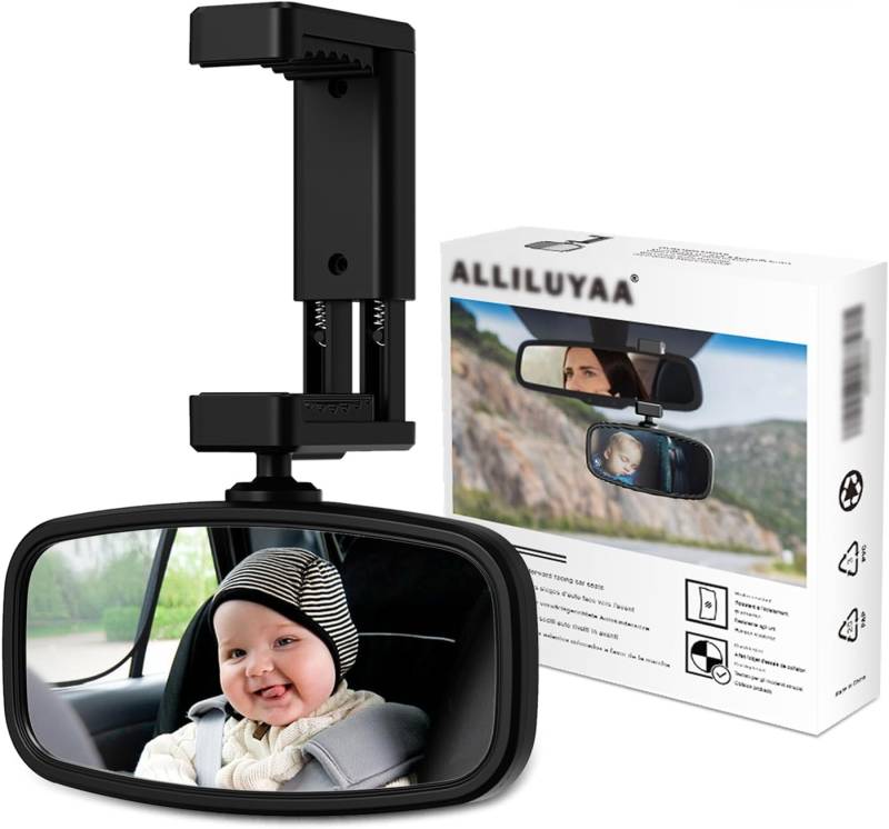 Spiegel Auto Baby, Rückspiegel Baby Auto mit Gefederten Clips, Glas-Spiegel, 360° Drehbar, Rücksitzspiegel Baby für Meisten Auto(129 * 65.8mm) (1 Schwarz) von ALLILUYAA