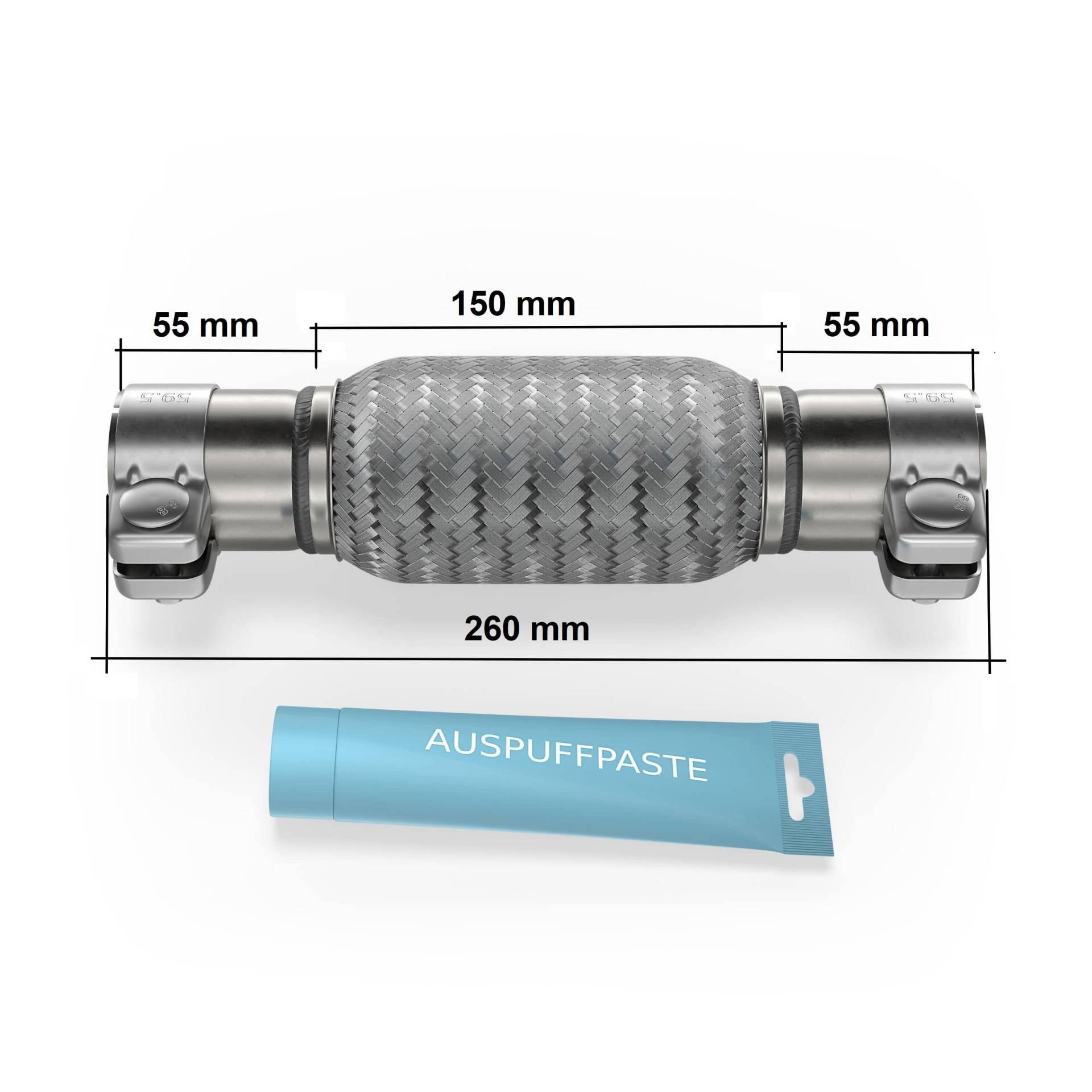 Flexrohr Universal Flexstück Wellrohr Hosenrohr Flexibles Rohr Edelstahl Interlock Ø45 x 150 x 260mm mit 2 Schellen inkl. Auspuff Kitt. Einbau ohne Schweißen von ALP