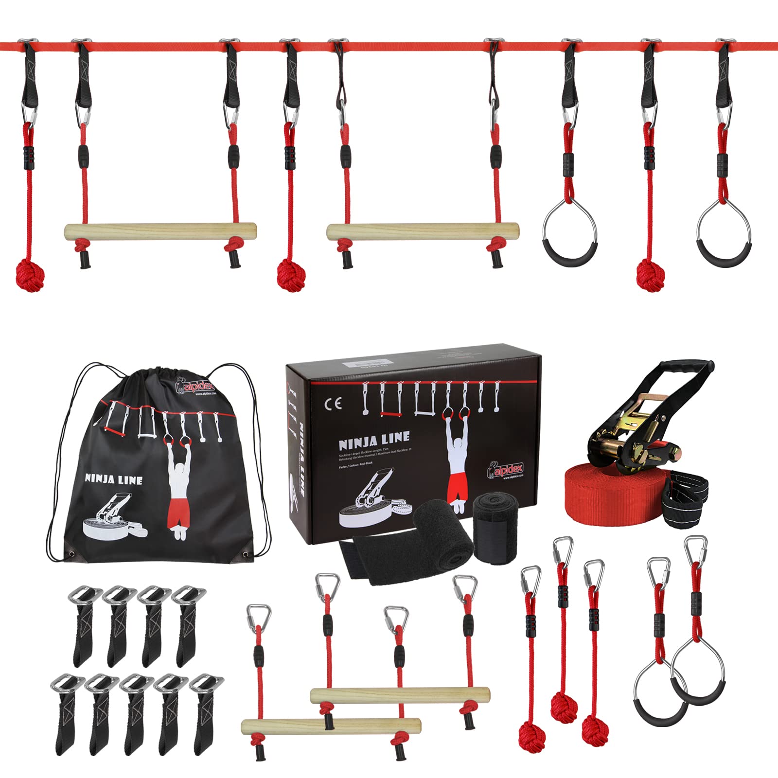 ALPIDEX Ninja Line Slackline Set 15 m für Jugendliche und Erwachsene mit Ringen Seilknoten 7 Jahre Garantie auf Material* von ALPIDEX