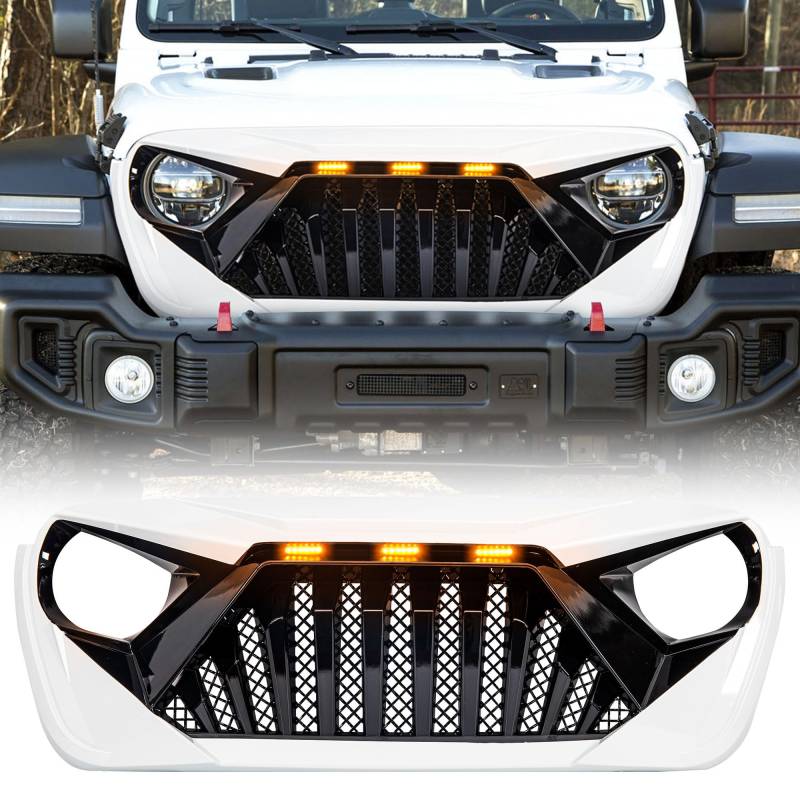 American Modified Goliath Kühlergrill mit bernsteinfarbenen LED-Lauflichtern, kompatibel mit Jeep Wrangler JL und Gladiator JT, Weiß und Schwarz von AM AMERICAN MODIFIED