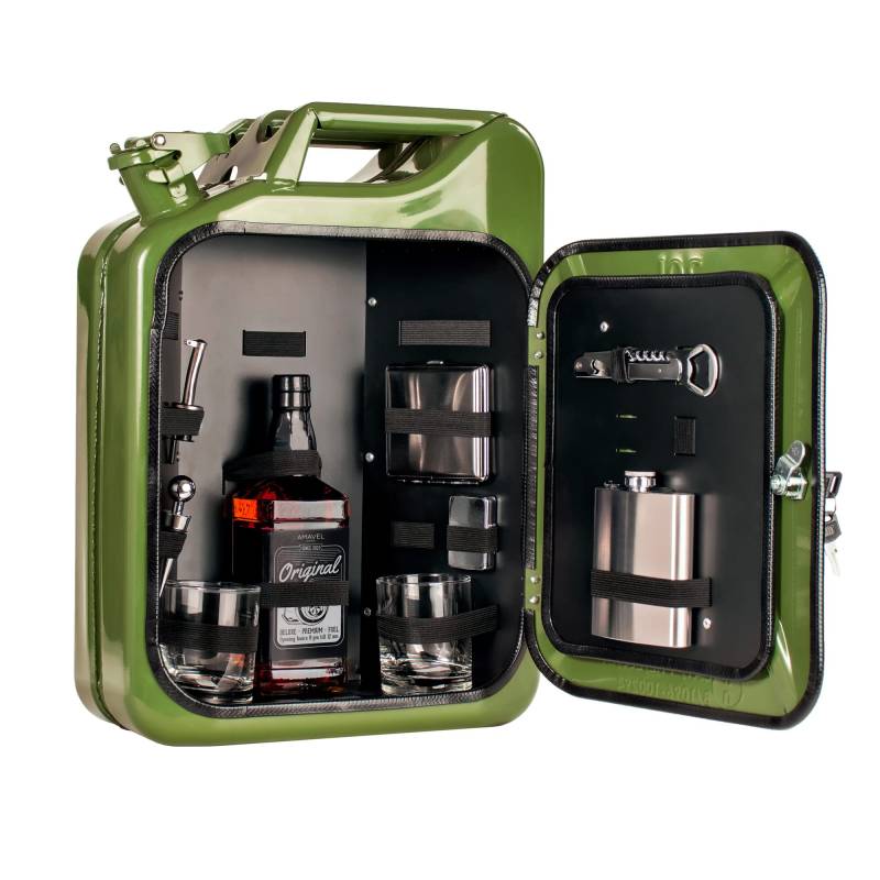 AMAVEL Kanister Bar 20 l, Bestückt, Grüner Benzinkanister Minibar mit 8-teiligem Zubehör-Set, Barschrank inkl. 2 Gläsern und Flaschenhalter, Mini Bar Set von AMAVEL