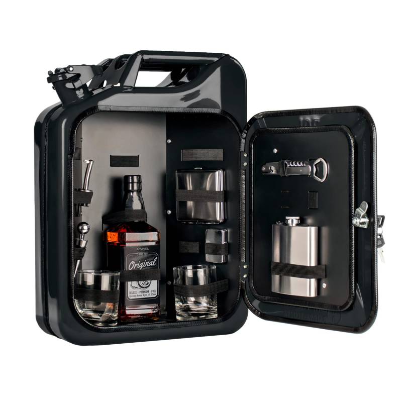 AMAVEL Kanister Bar 20 l, Bestückt, Schwarzer Benzinkanister Minibar mit 8-teiligem Zubehör-Set, Barschrank inkl. 2 Gläsern und Flaschenhalter, Mini Bar Set von AMAVEL