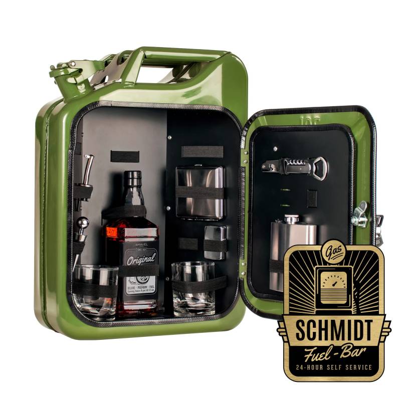 AMAVEL Kanister Bar 20 l mit Plakette und Namensgravur, Grüner Benzinkanister Minibar mit 8-teiligem Zubehör-Set, Barschrank im Vintage Look inkl. 2 Gläsern und Flaschenhalter von AMAVEL