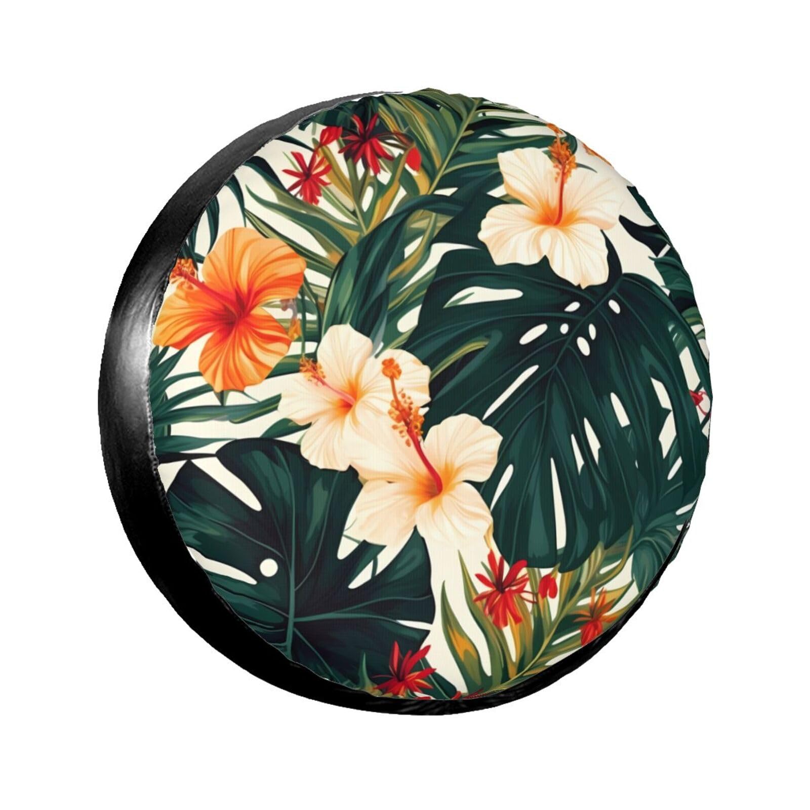 Tropische Sommer-Reifenabdeckung mit hawaiianischen Blumenpalmenblättern, wasserdicht, staubdicht, für Anhänger, SUV, LKW, verstellbar, 43,2 cm von ANABPRMA