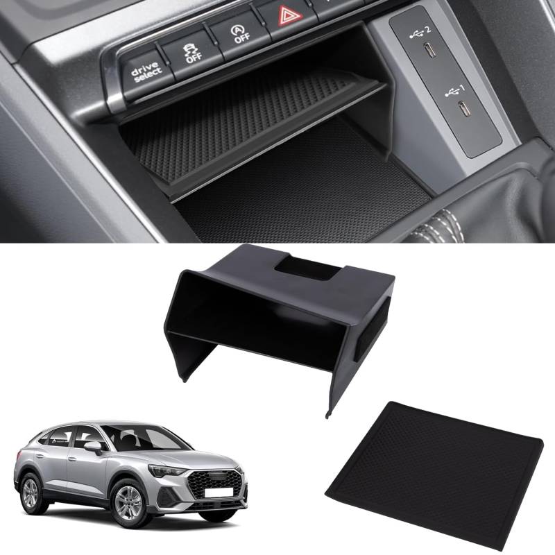 ANBOO Auto Mittelkonsole Aufbewahrungsbox mit Rutschfestermatte Kompatibel mit Q3 F3 MK2 2019-2022 Mittelkonsole Organizer Tray Zentrale Ablagefach Zubehör Organizer Box von ANBOO