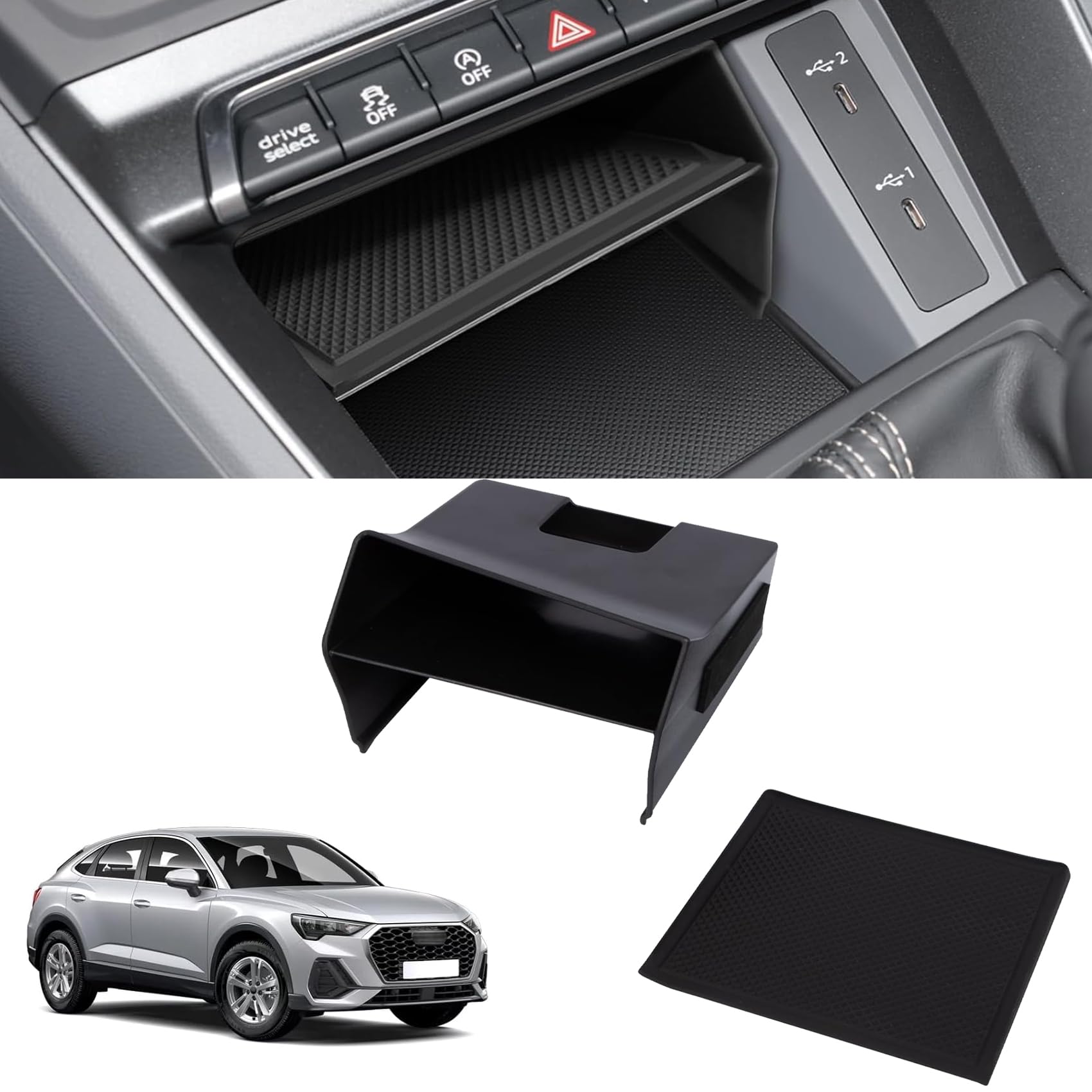 ANBOO Auto Mittelkonsole Aufbewahrungsbox mit Rutschfestermatte Mittelkonsole Organizer Tray Zentrale Ablagefach Zubehör Organizer Box Kompatibel mit Q3 F3 MK2 2019-2022 von ANBOO