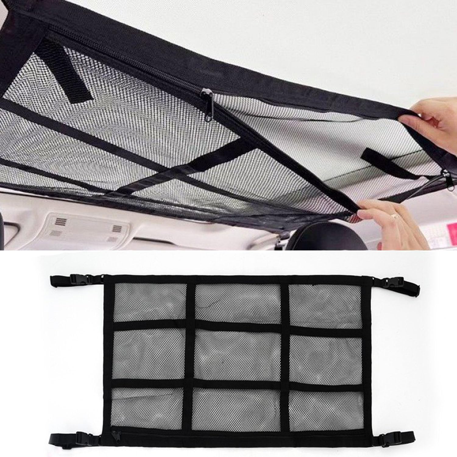 ANBOO Gepäcknetz Auto für Aufbewahrung, Universal Auto Gepäcknetz, 90X65CM Autodach Gepäcknetz Decke, Netztasche mit Reißverschluss von ANBOO