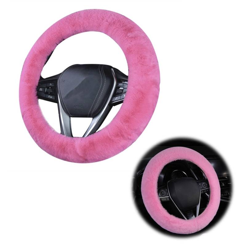 ANBOO Lenkradabdeckung, Auto-Lenkrad Bezug Flauschiges Lenkradbezug, 38 cm Lenkradabdeckung Winter Universal, Auto Winter Zubehoer Zubehoerweich Flauschig-Rosa von ANBOO