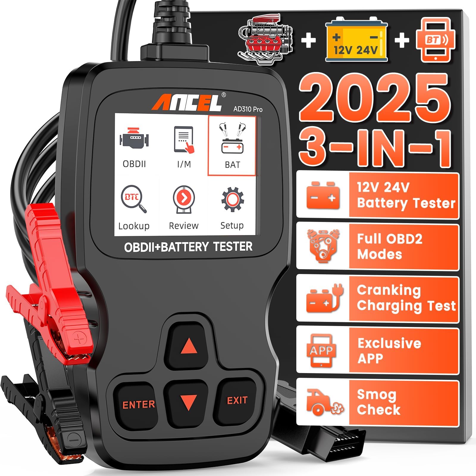 ANCEL AD310 Pro 3 in 1 OBD2 Diagnosegerät und Batterietester KFZ, Bluetooth Diagnosegerät Auto mit APP, 12V 24V 100-2000 CCA Batterie/Kurbeln/Laden Test, für Alle Auto Motor und Batterie von ANCEL