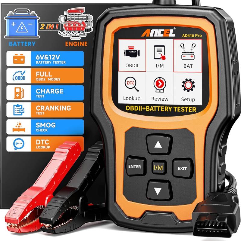 ANCEL AD410PRO OBD2 Scanner Batterietester 2 in 1, OBD2 Diagnosegerät mit Vollständigen OBD2 Funktionen Batterietester, 6V/12V Batterietests und Ladetests, 24V Starttests von ANCEL