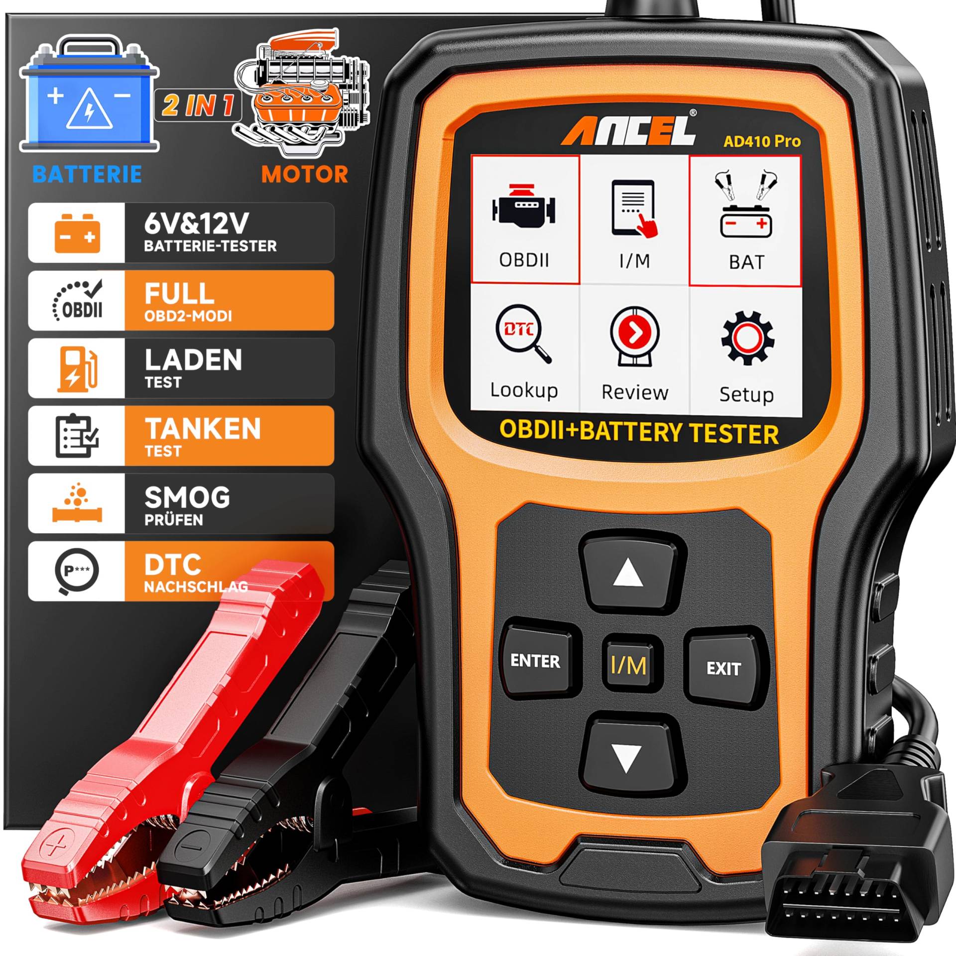 ANCEL AD410PRO OBD2 Scanner Batterietester 2 in 1, OBD2 Diagnosegerät mit Vollständigen OBD2 Funktionen Batterietester, 6V/12V Batterietests und Ladetests, 24V Starttests von ANCEL