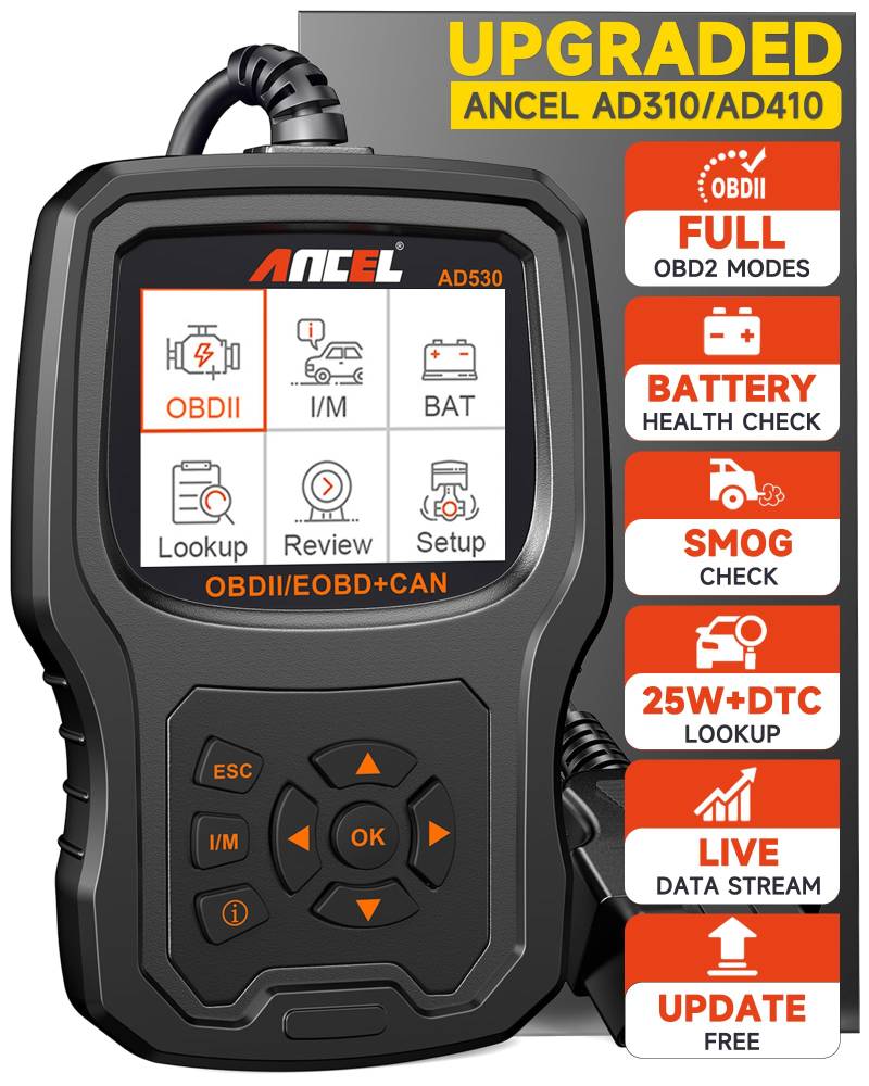 (Upgraded AD310/AD410) ANCEL AD530 OBD2 Diagnosegerät, KFZ Auslesegerät Mit Vollen OBD2-Funktionen, One Touch I/M Bereitschaftstaste, lebenslange Updates, 2,8 Zoll TFT Farbbildschirm von ANCEL