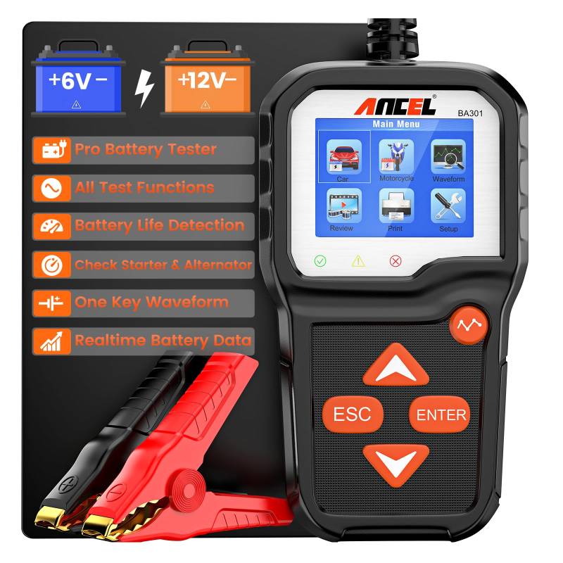 ANCEL BA301 Batterietester KFZ 6V/12V 100-2000 CCA Autobatterie Tester mit Batterieladetest Anlasstest Batterieprüfer Funktion, Digitaler Autobatterie-Analysator für PKW LKW ATV SUV Boot Moto von ANCEL