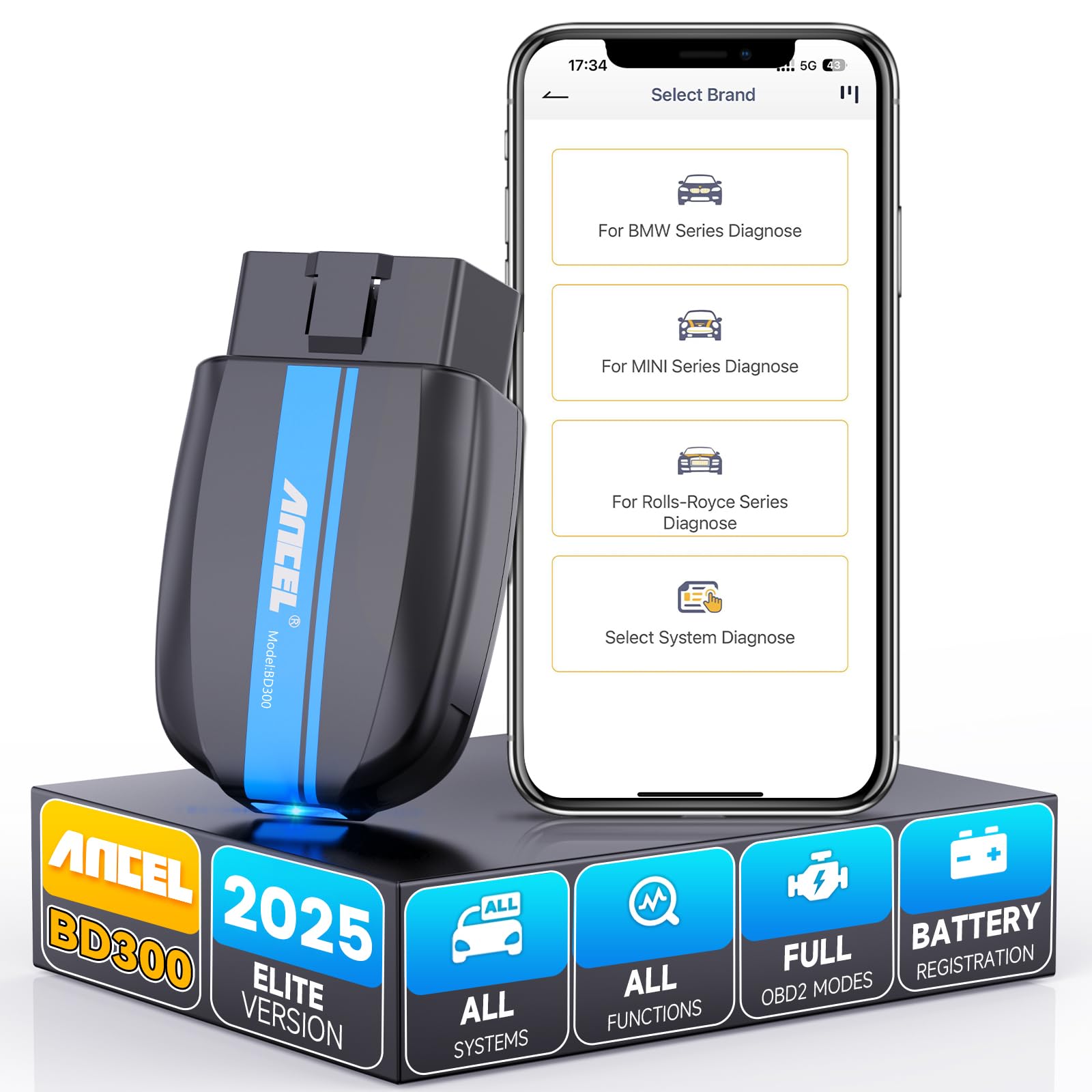 ANCEL BD300 OBD2 Bluetooth 5.0 Adapter Scanner für BMW Group Fahrzeug Diagnose OBD2 Diagnosegerät Autobatterieregistrierung Öllicht Service EPB Reset Throttle Relearn, Exklusive Kostenlose APP von ANCEL