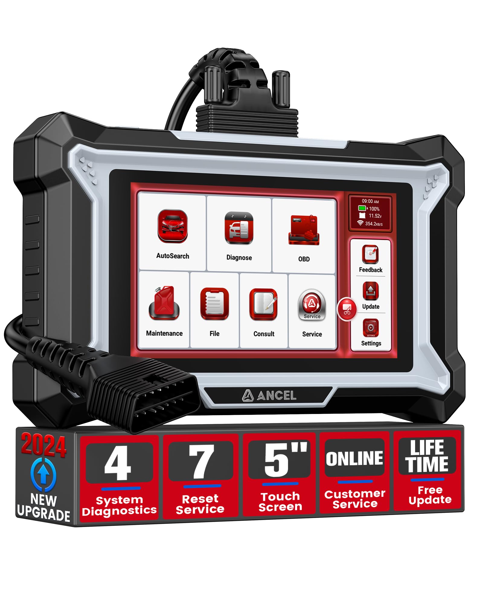 ANCEL DS100 OBD2 Diagnosegerät, Auto Auslesegerät Kfz Diagnosegerät für 4 System(Motor/ABS/SRS/Getriebe) mit 7 Rückstellservice (Öl,SAS,Bremse,BMS,Bleed,ETS,Gear), Kostenloses Lebenslanges Upgrade von ANCEL